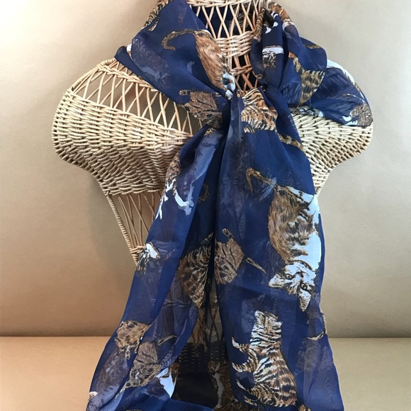 Whimsical Cat Print Large Rectangular Scarf VTG - Picture 3 of 7